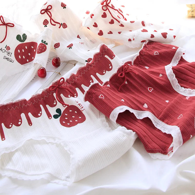 Strawberry Heart Print Lace Cotton Panties for Women - High-Rise Briefs with Lace Decoration and Soft Cotton Blend - Our Lum  Our Lum   