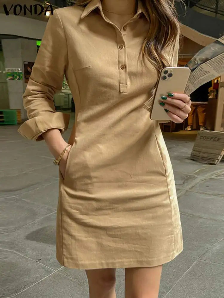 Elegant Solid Long Sleeve Mini Dress with Buttons and Pockets for Women  OurLum.com Khaki XL CHINA