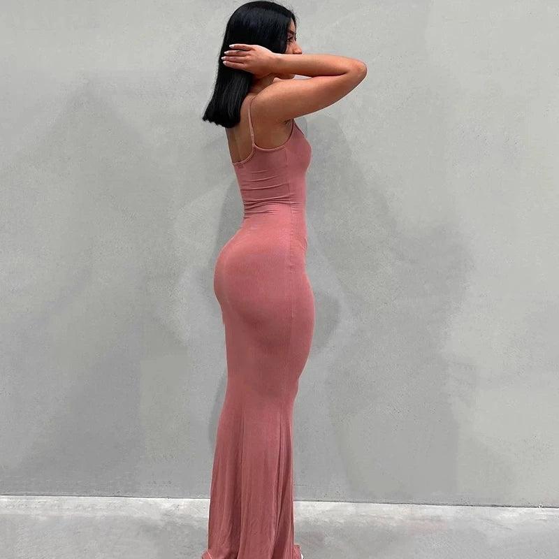 Sleek Silhouette Satin Maxi Dress - Elegant Retro-Futuristic Y2K Style  ourlum.com   