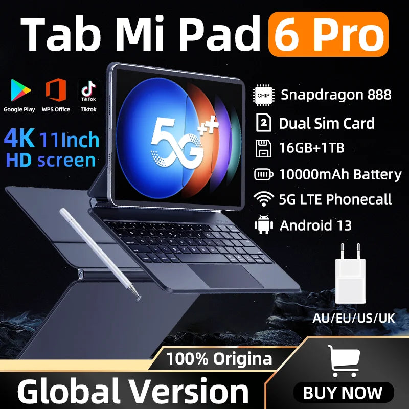 2023 Original Global Version HD 4K Pad 6 Pro Snapdragon 888 Mi Tablets PC 11 inch Android 13 16GB+1TB 5G Dual SIM Card WIFI Tab
