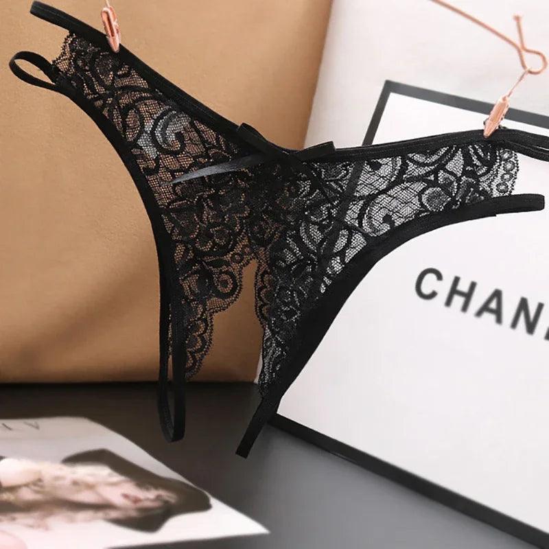 Seductive Lace Bowknot Crotchless G-String Panties for Women  ourlum.com Black One Size CN | 1pc