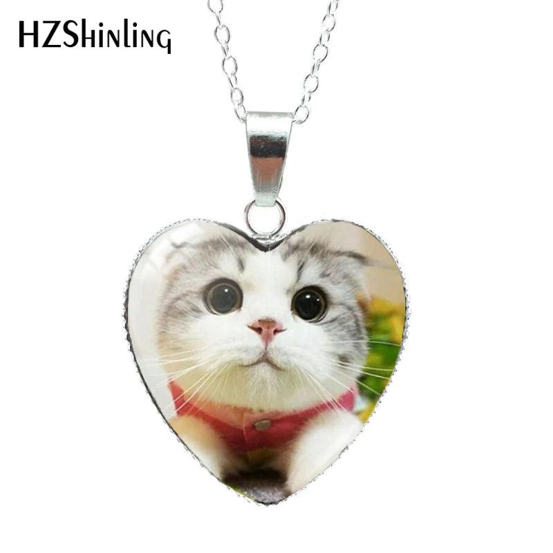Cartoon Cats Pattern Heart Glass Dome Necklace - Cute Handmade Animal Jewelry  ourlum.com   
