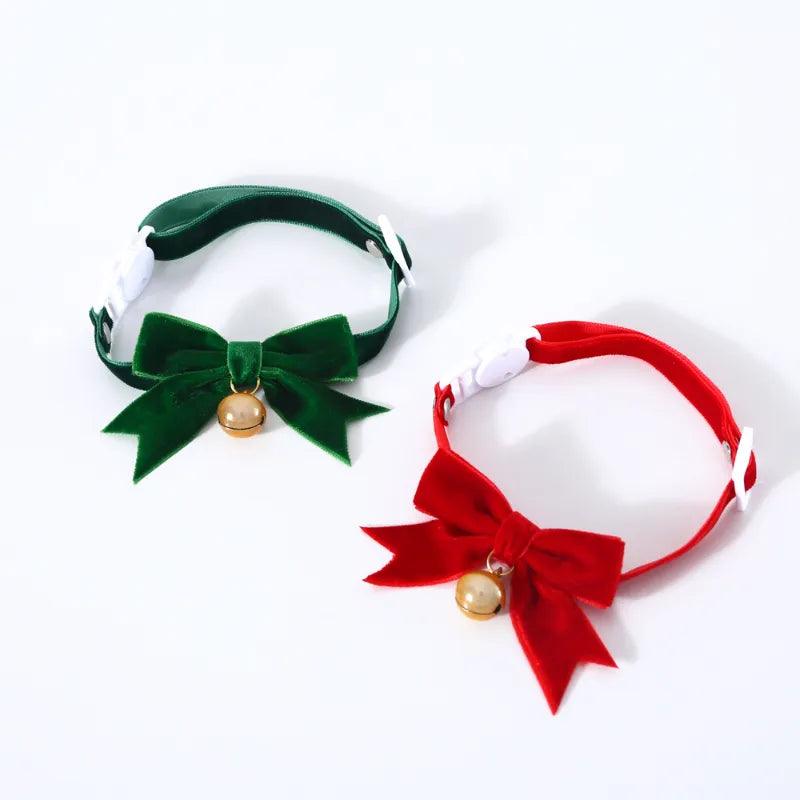 Festive Handmade Velvet Pet Collar with Bell and Bow Tie - Holiday Season Ready  ourlum.com   