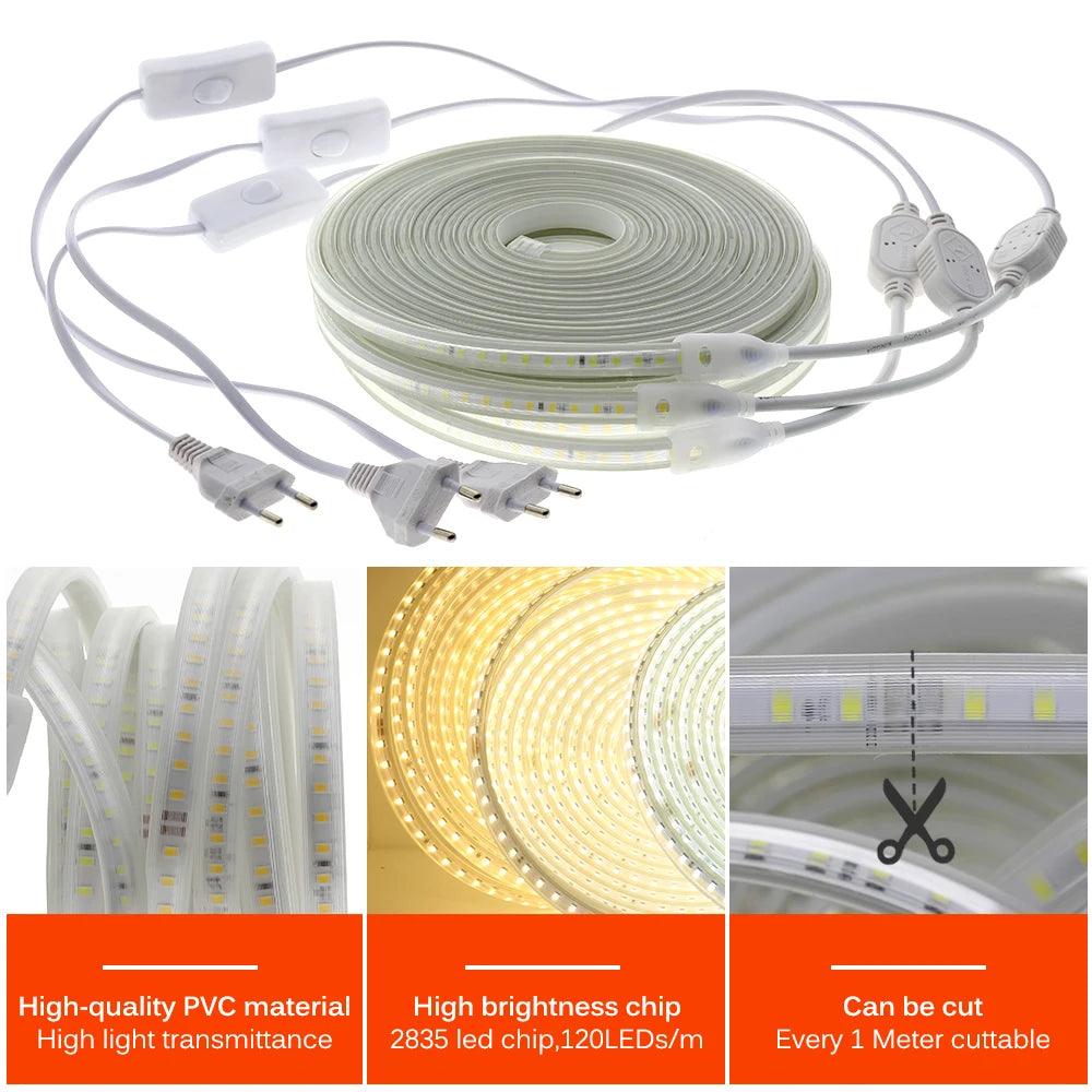 220V Waterproof LED Strip Light Kit with EU Plug and Switch - Flexible Outdoor Lighting Solution  ourlum.com   