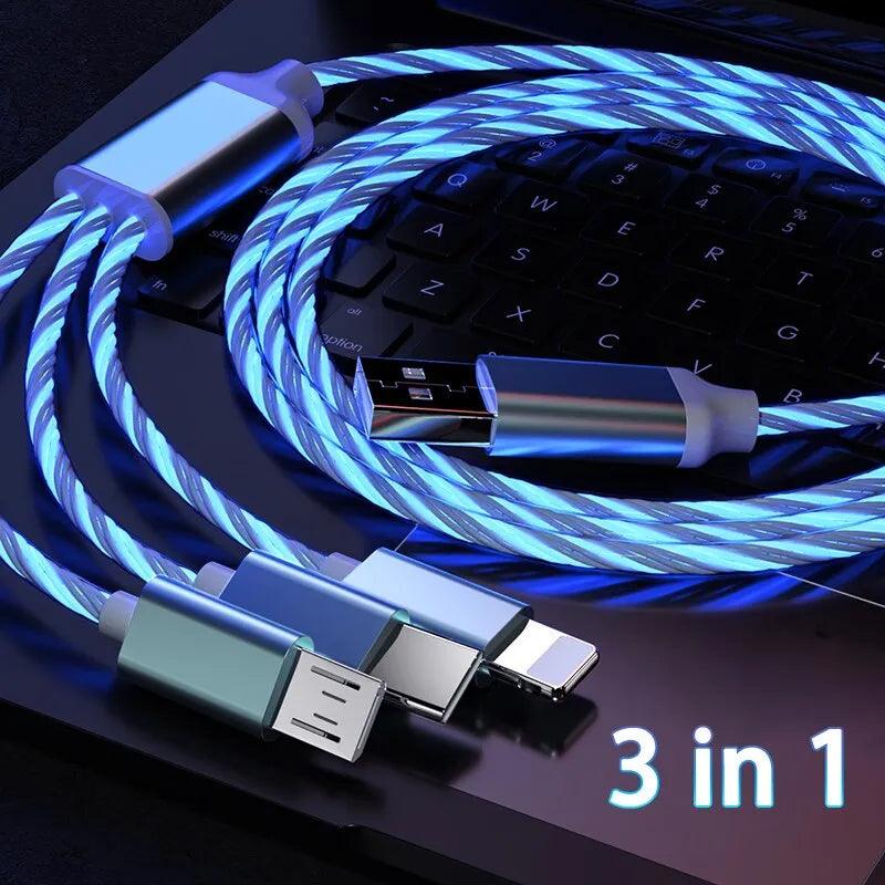 Glowing LED 3-in-1 Fast Charger Cable for iPhone Samsung Xiaomi - Blue  ourlum.com   