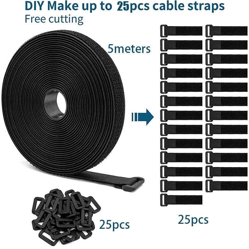 Adjustable Nylon Hook and Loop Straps Bundle Kit with Metal Buckles - 5M Cut-to-Length Cord Organizer  ourlum.com   