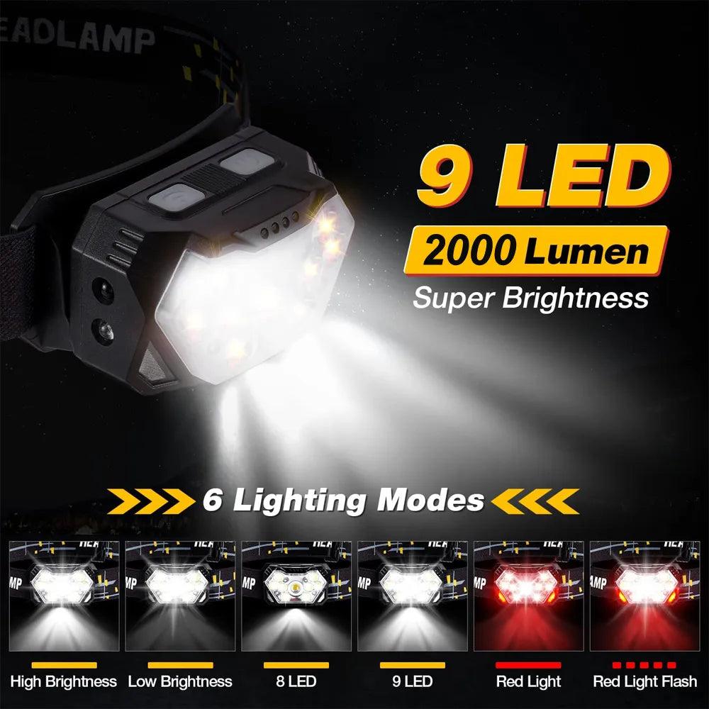 Super Bright 9 LED Rechargeable Headlamp with Motion Sensor - Outdoor Camping Fishing Work Flashlight  ourlum.com   