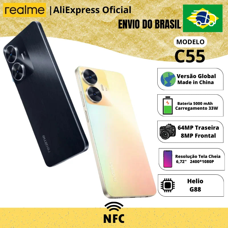 Celular Realme C55 256GB ROM / 8GB RAM Versão Global Envio do Brasil | Smartphone 4G , Processador Helio G88, Carregador 33W