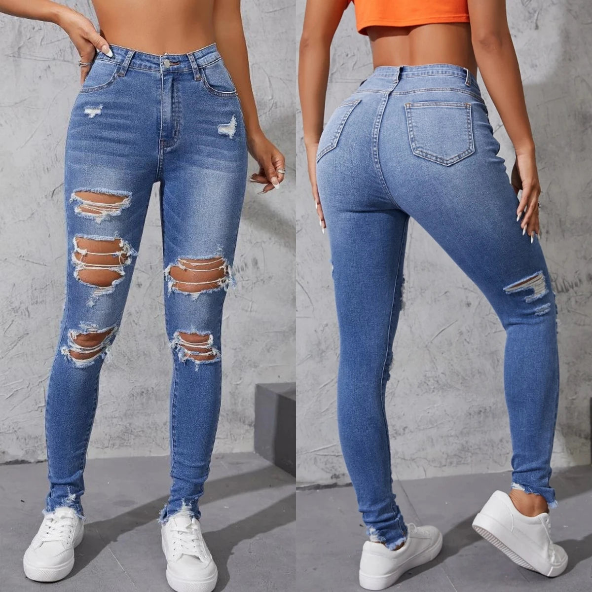 Hot Sale Women's Ripped Skinny Jeans Fashionable High Stretch Slim Fit Butt Lift Denim Pencil Pants Casual Ladies Trousers S-2XL