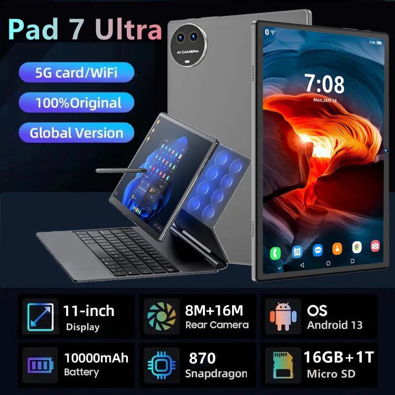 2024 PAD 7 Ultra 11" Android Tablet - 16GB RAM, 1TB Storage, 5G Dual SIM, 10000mAh Battery, GPS, Bluetooth, WiFi