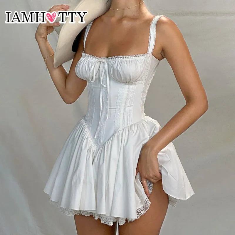 Elegant White Lace A-Line Dress - Chic Party Mini Dress with Corset Detail  Our Lum   