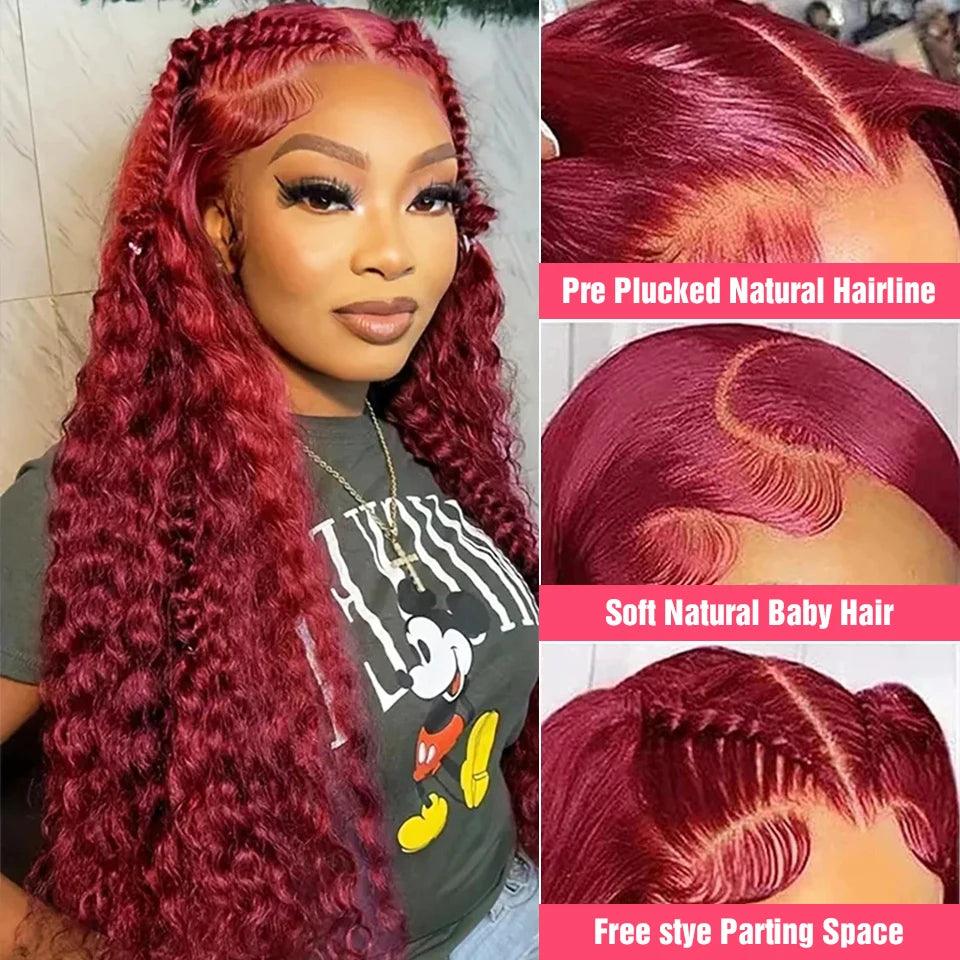 Burgundy 13x6 HD Lace Frontal Wig - 99J Deep Wave Human Hair for Women