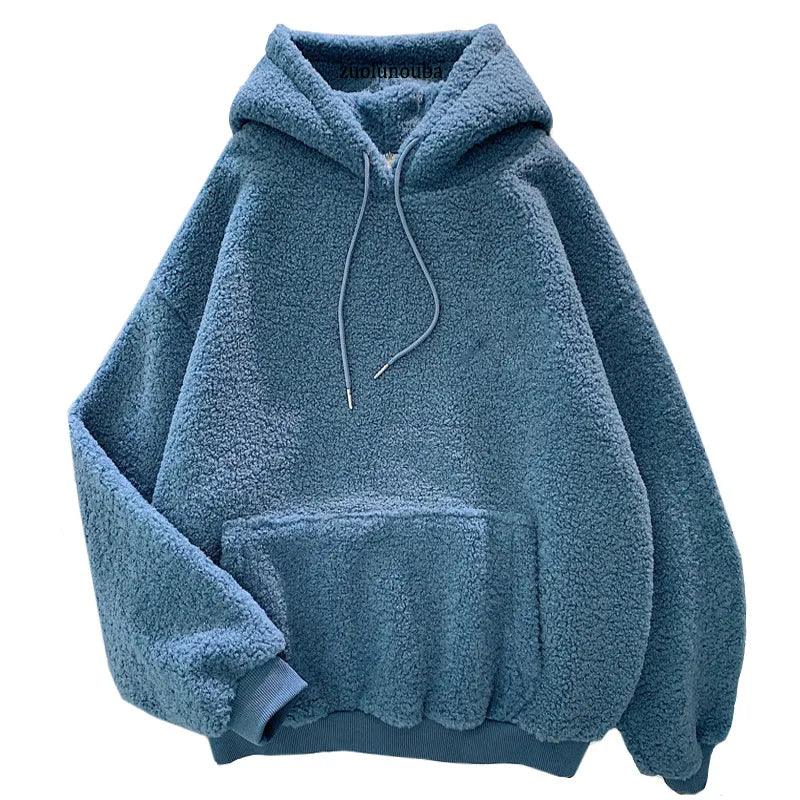 Cozy Velvet Cashmere Blue Hooded Sweatshirt for Women - Winter Essential  ourlum.com   