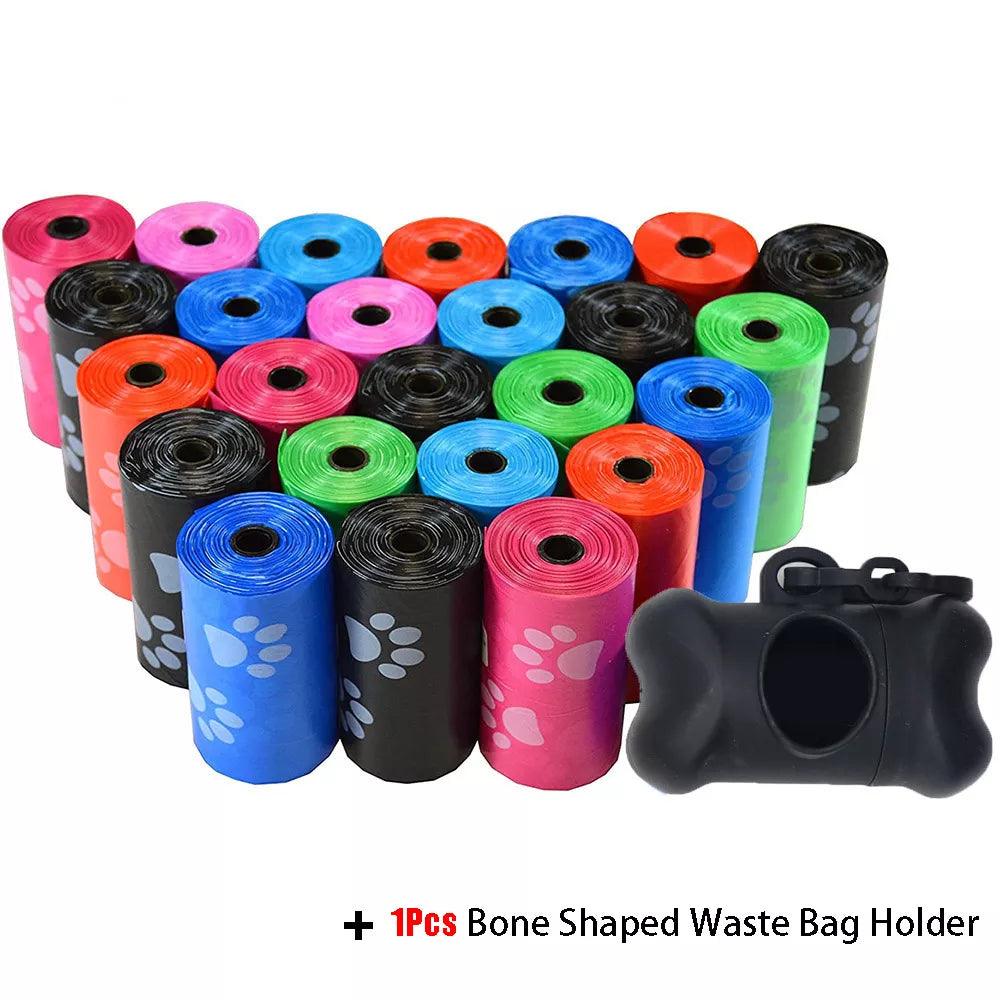 Pet Waste Bags Bundle with Leash Clip and Bone Dispenser - 75Pcs 5Roll Bags for Dogs with Paw Prints  ourlum.com   