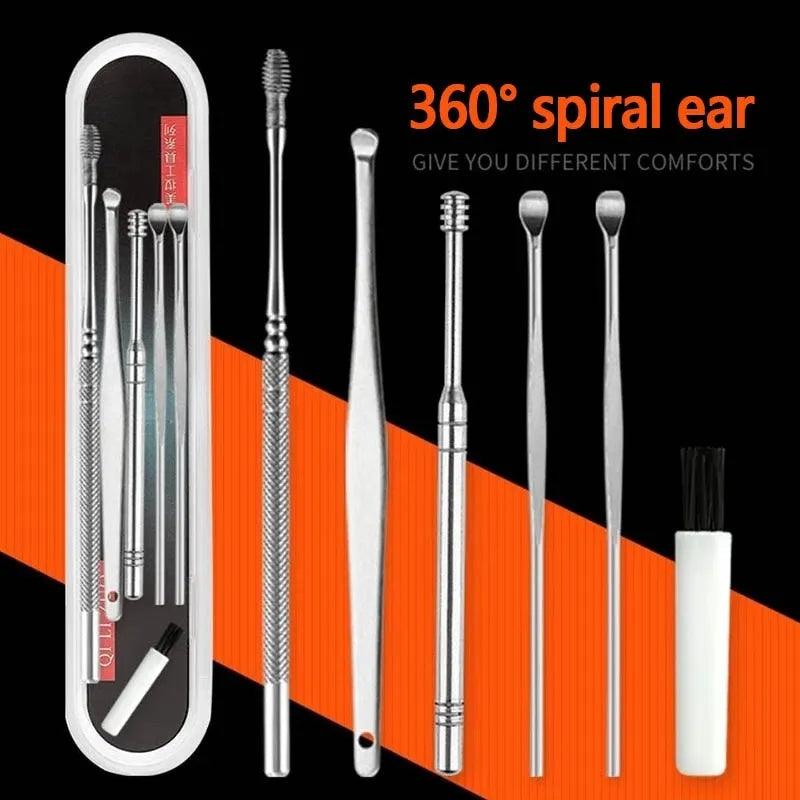 6Pcs/set Ear Wax Pickers Stainless Steel Earpick Wax Remover piercing kit earwax Curette Spoon Care Ear Clean Toolear cleaner  ourlum.com   