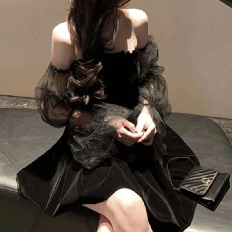Gothic Elegance: Vintage Off-Shoulder Velvet Mini Dress with Lantern Sleeves  OurLum.com   