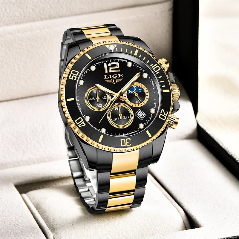 Luxury Stainless Steel Men's Sport Watch with Moon Phase and Chronograph  OurLum.com   
