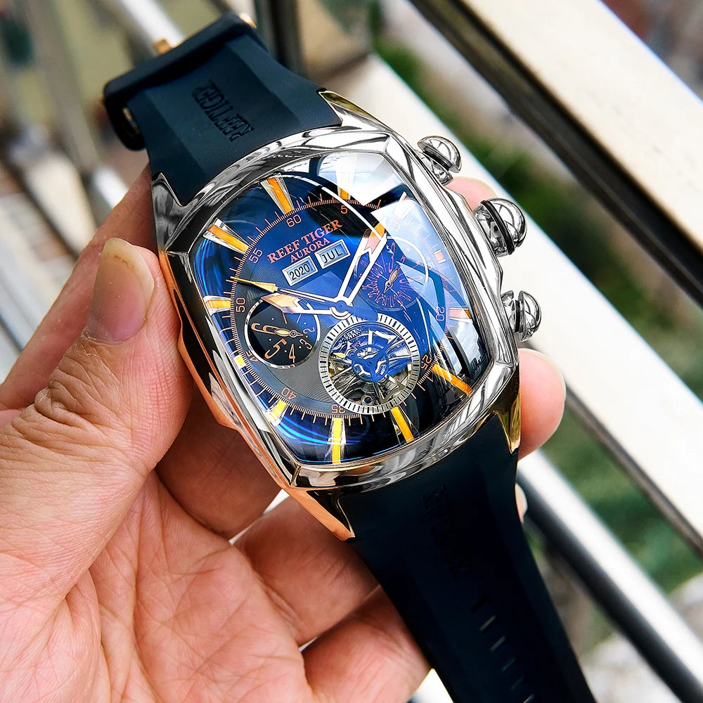 Reef Tiger/RT Tourbillon Stainless Steel Rubber Strap Blue Dial Automatic Sport Watch - RGA3069  OurLum.com   