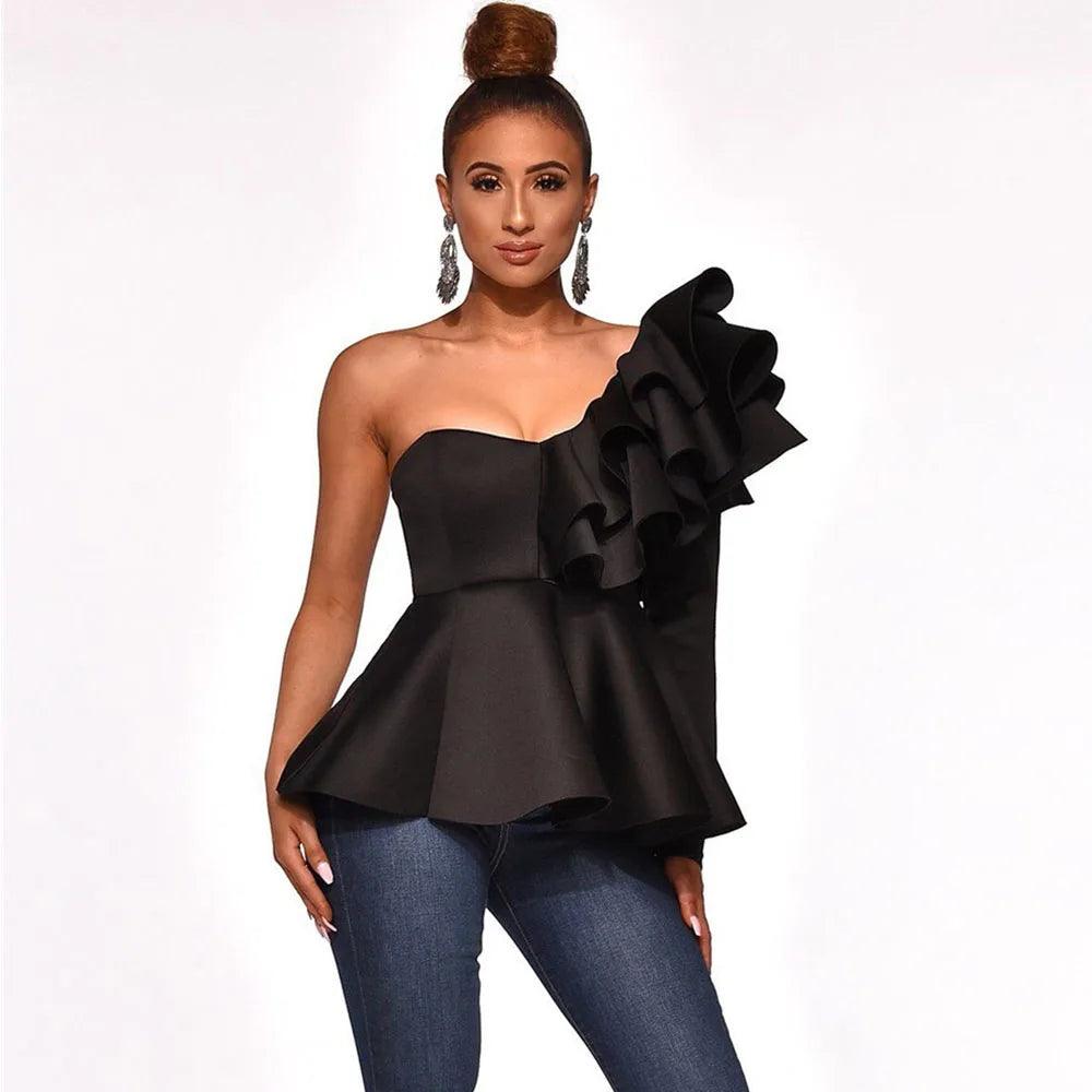 Elegant One-Shoulder Ruffle Peplum Blouse for Women - Chic Party Top  OurLum.com   