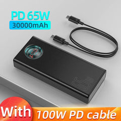 High-Capacity Baseus 65W Power Bank 30000mAh PD Fast Charger for Smartphones, Laptops, and Tablets