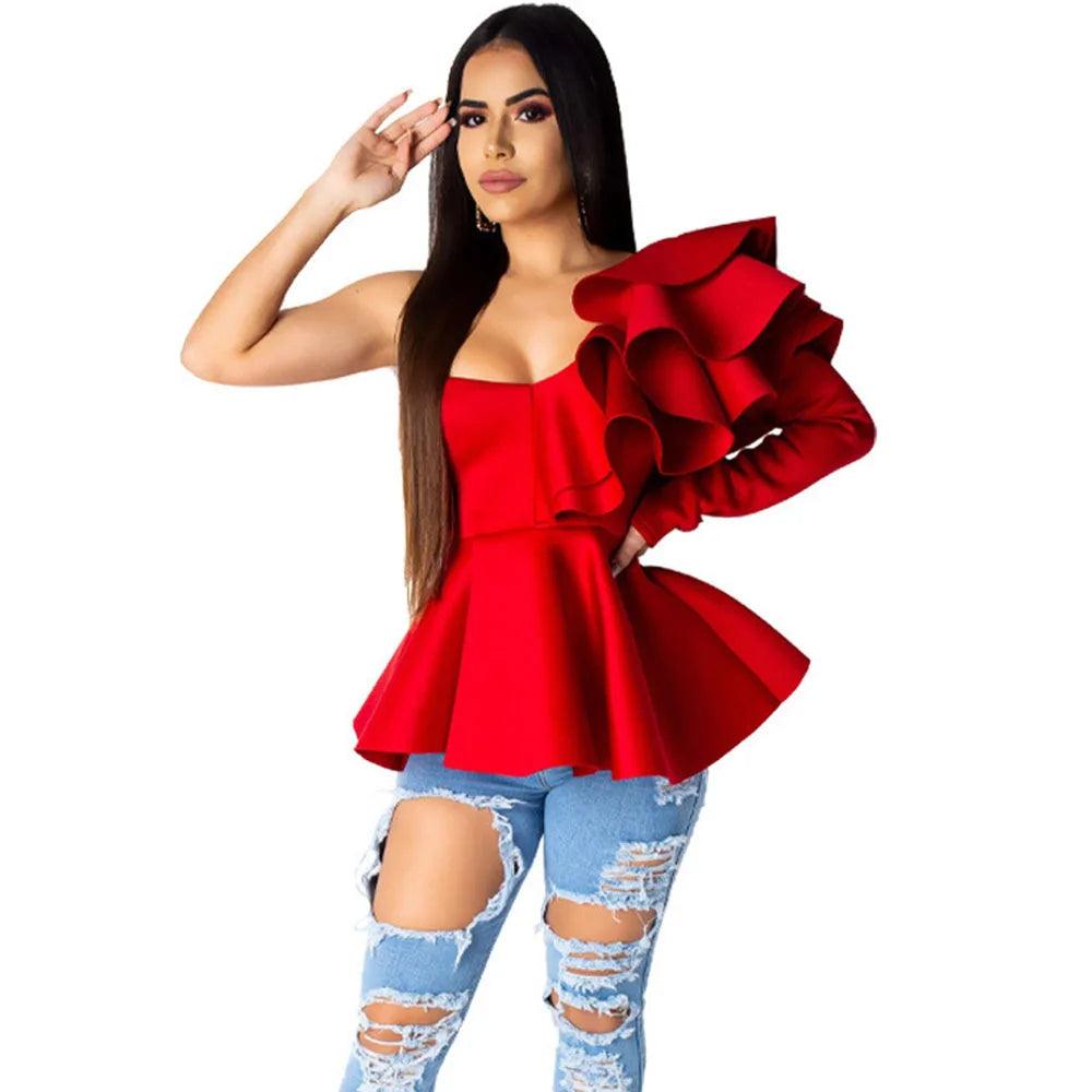 Elegant One-Shoulder Ruffle Peplum Blouse for Women - Chic Party Top  OurLum.com   