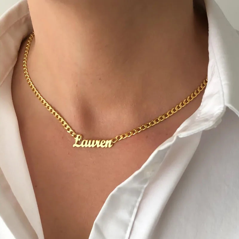 Custom Name Necklace with Curb Chain Personalised Gold Color Stainless Steel Name Necklaces For Women Christmas Jewelry Gift