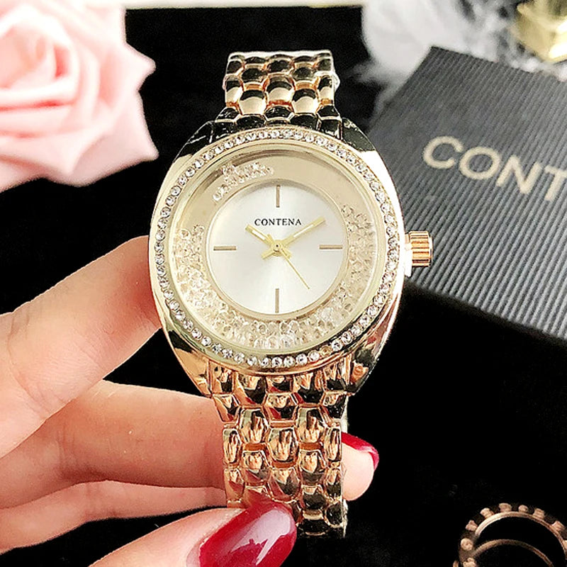 Luxury Gold Rhinestone Women's Watch with Stainless Steel Bracelet - Contena Quartz Fashion Timepiece for Women  OurLum.com   