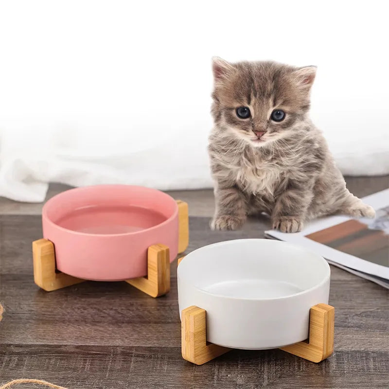 Ceramic Pet Bowl with Wooden Stand - Non Spill Double Feeder for Cats and Small Dogs  ourlum.com   