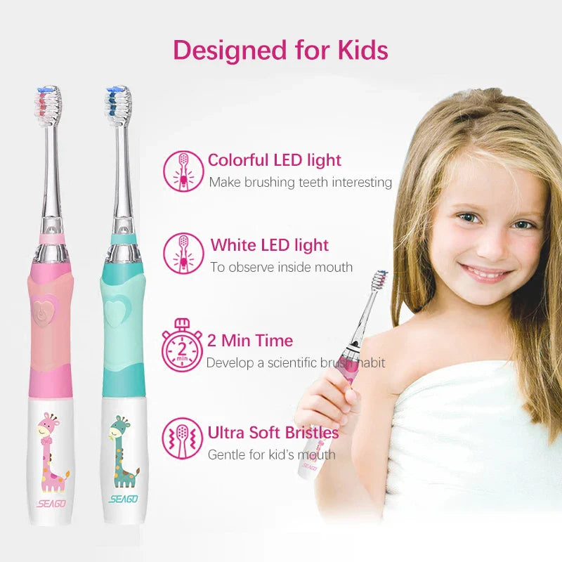 SEAGO Kids Children Electric Toothbrush for 3-12 Years Old Baby Soft Bristle Waterproof LED Light Smart Timer with 3 Brush Heads