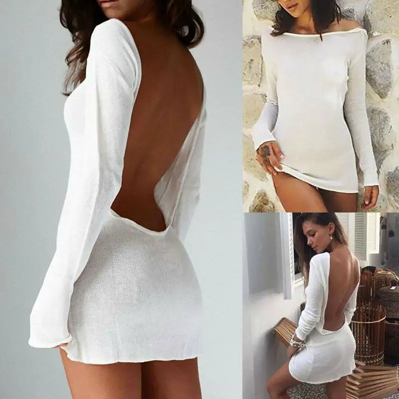 White Backless Evening Party Dress: Elegant Long Sleeve Club Wear - Chic Mini Dress