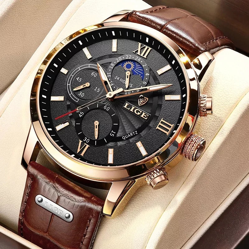 LIGE Chronograph Watch: Luxury Leather Quartz Timepiece  ourlum.com   