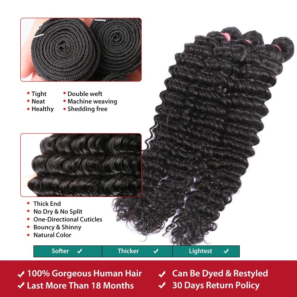 Rosabeauty Peruvian Remy Human Hair Deep Wave Bundle Set with HD Lace Closure - Water Curly Texture  ourlum.com   