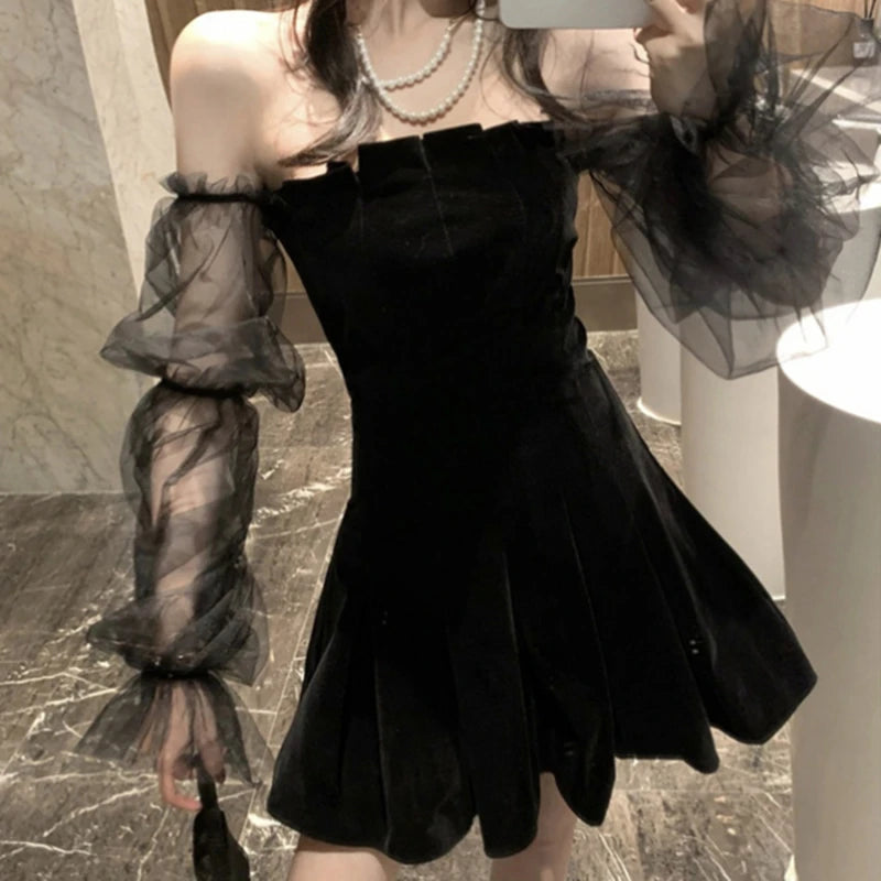 Gothic Elegance: Vintage Off-Shoulder Velvet Mini Dress with Lantern Sleeves  OurLum.com   
