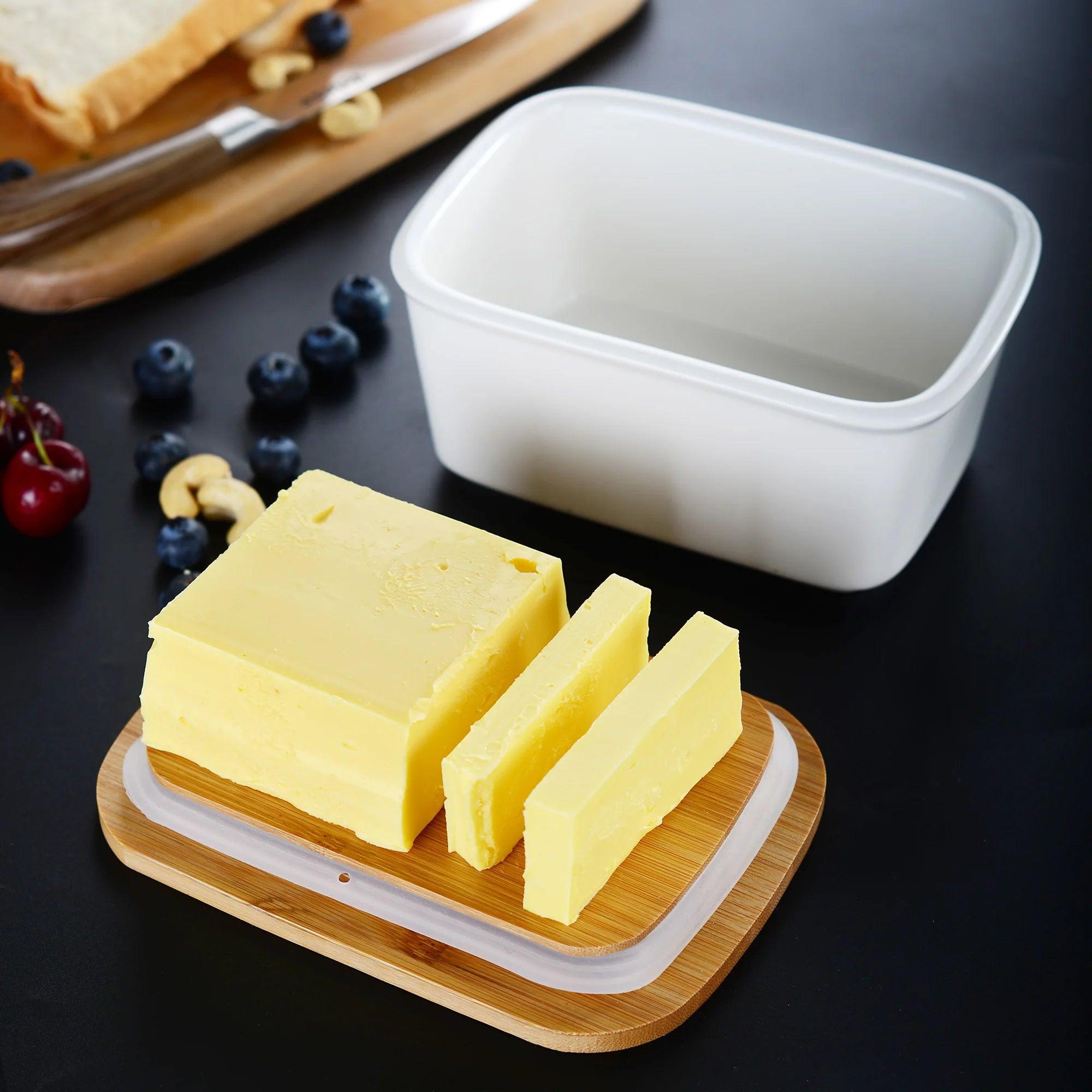 LOVECASA 500ML Nordic Porcelain Sealing Butter Box Ceramic French Butter Dish Cheese Storage Container with Wooden Bamboo Lid