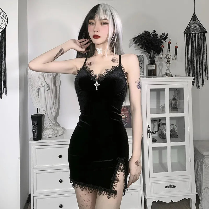 Seductive Gothic Mini Dress: Vintage High Waist Style & Spaghetti Strap