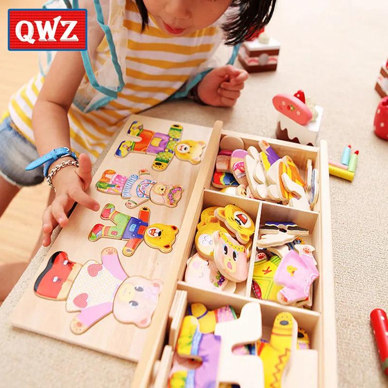 QWZ Little Bear Wooden Jigsaw Puzzle Dressing Game - Creative Learning Toy  ourlum.com   