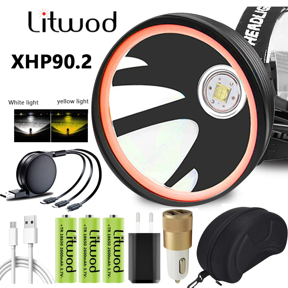 White Yellow Color Led Headlamp Xhp90.2Headlight Head Lamp Flashlight Torch 32W Bulbs 3* 18650 Battery Power Bank 7800mah Light  ourlum.com   