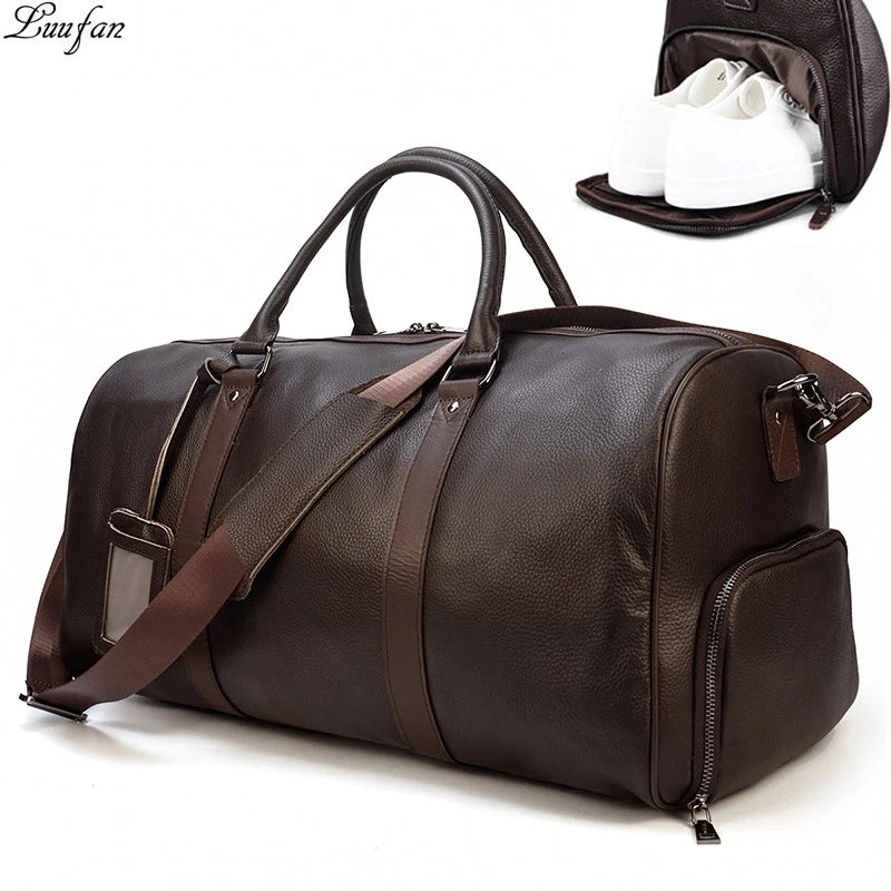 Big Capacity Genuine Leather Travel Bag For Men Women Soft Black Cowhide Casual Travel Duffel Large Luggage Weekend Shoulder Bag