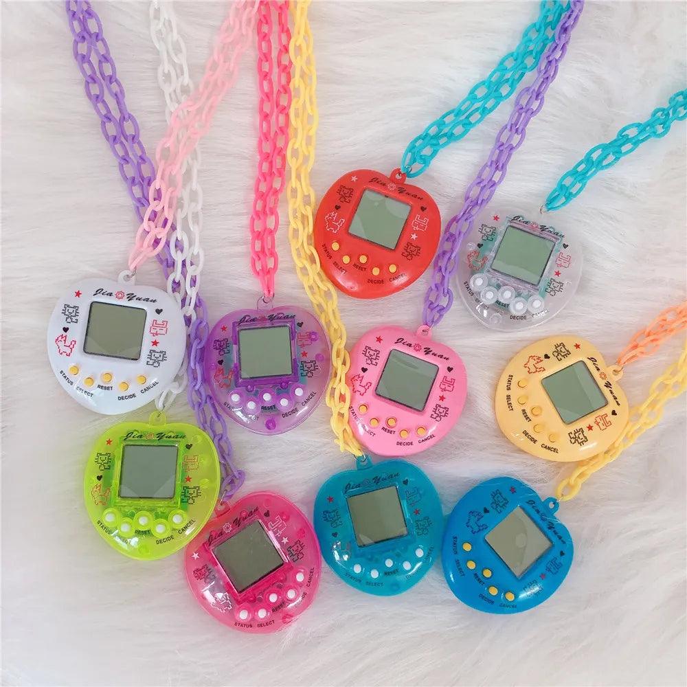 Y2K Electronic Pet Game Pendant Necklace with Rainbow Charms  ourlum.com   