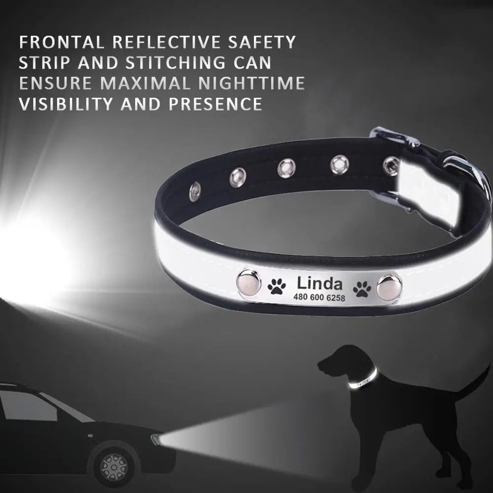 Reflective Leather Personalized Dog Collar with Custom Engraved ID Tag  ourlum.com   