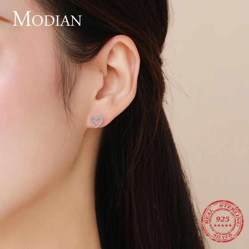 Modian Authentic 925 Sterling Silver Stud Earrings for Women Romantic Heart Earrings Shiny Clear CZ Wedding Engagement Jewelry