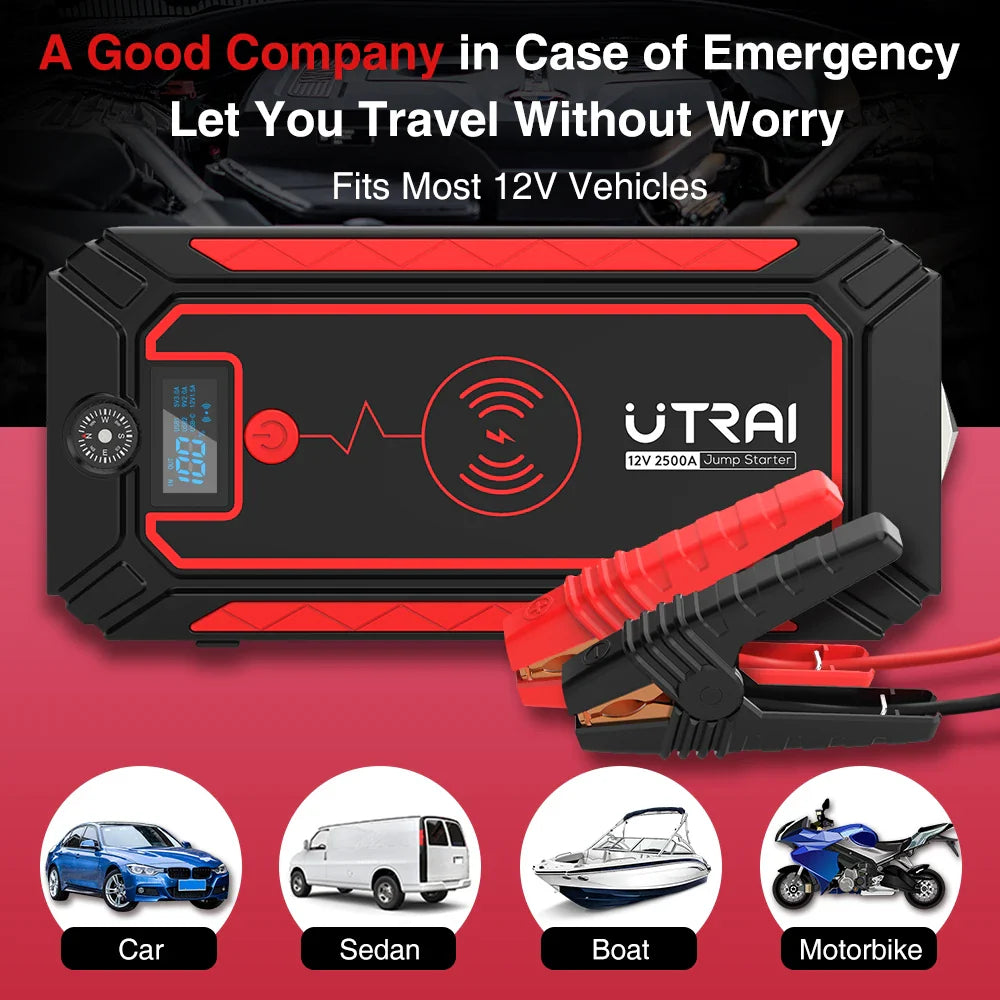 Car Jump Starter  2500A Power Bank Car Battery with 10W Wireless Charger LCD Screen Safety Hammer Jump starter  ourlum.com   