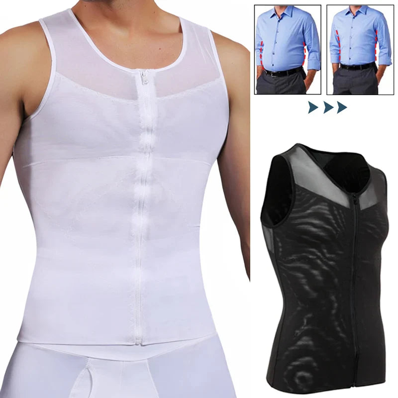 Men's Slimming Shapewear Compression Shirt with Zipper for Gynecomastia and Tummy Control