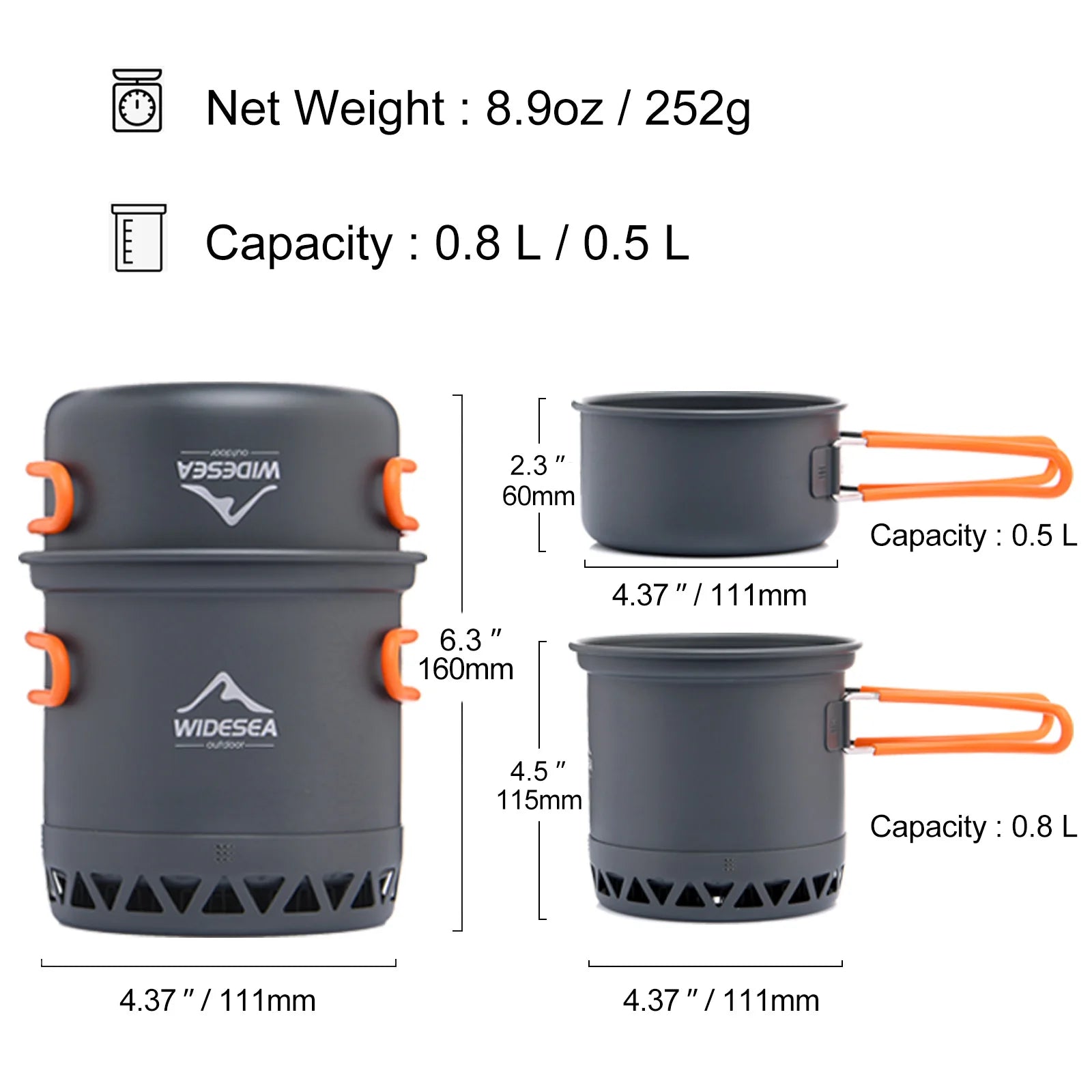 Widesea 1.3L & 2.3L Outdoor Camping Cookware Set - Lightweight Aluminum Pot & Kettle for Hiking and Travel