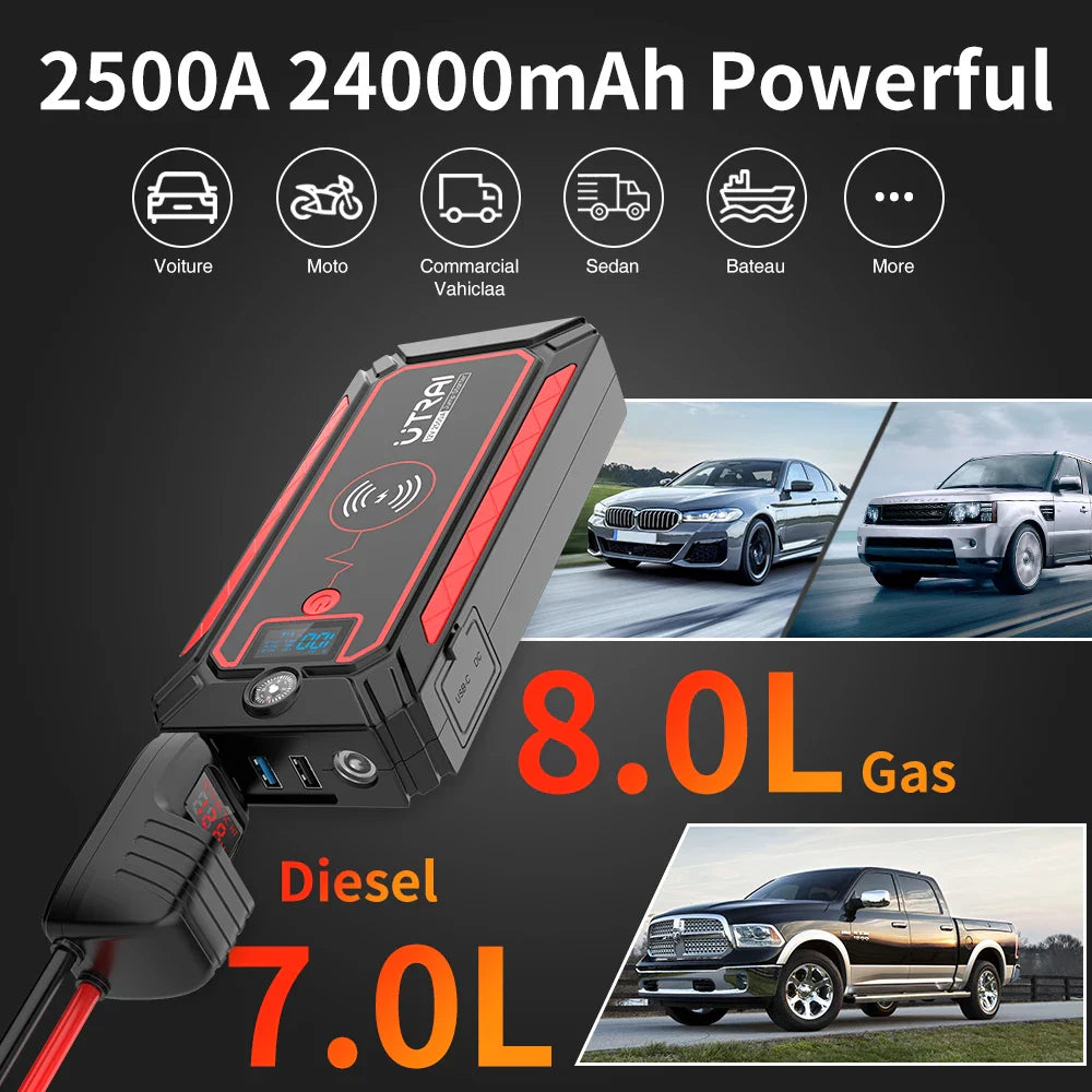 UTRAI Jump Starter 2500A Power Bank 10W Wireless Charger Safety Hammer 12V Emergency Starter Auto Car Booster Battery  ourlum.com   