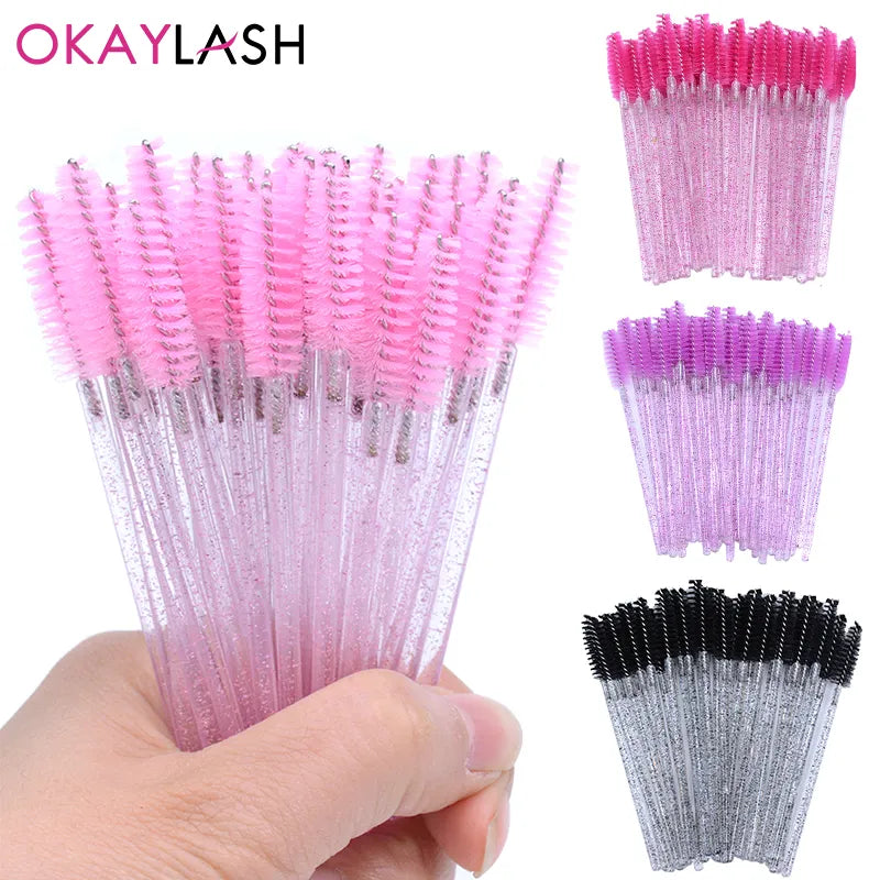 OKAYLASH 50Pcs Disposable Micro Glitter Eyelash Mascara Wands Mini Crystal Eye Lashes Brush Comb Pink White Spoolies  ourlum.com   