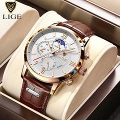 LIGE Chronograph Watch: Luxury Leather Quartz Timepiece