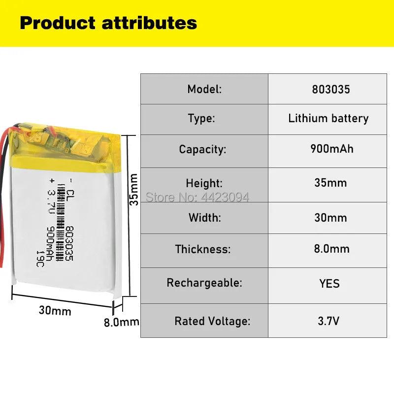 Polymer Lithium battery 900mah 3.7 V 803035 smart home MP3 speakers Li-ion battery for dvr,GPS,mp3,mp4,mp5 power bank,speaker  ourlum.com   