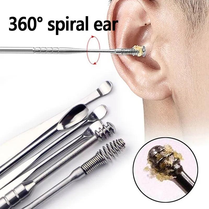 6Pcs/set Ear Wax Pickers Stainless Steel Earpick Wax Remover piercing kit earwax Curette Spoon Care Ear Clean Toolear cleaner  ourlum.com   