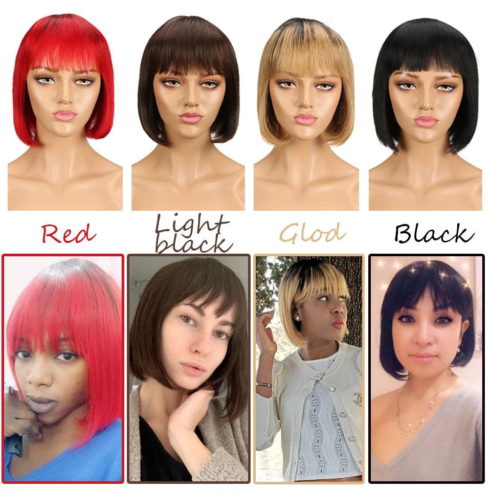 Youthful Red Highlighted Brazilian Human Hair Bob Wig with Bangs  ourlum.com   
